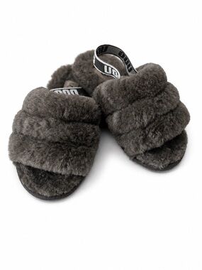 UGG Fluff Yeah Slides Girls Size 10 Grey Sheepskin Sherpa Slingback Slippers